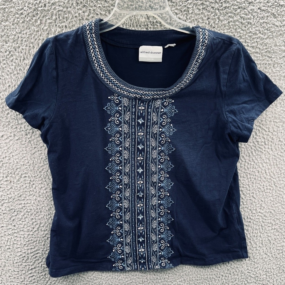 Womens Boho Knit Top L Petite Navy Coastal Cottage Embroidered Relaxed Casual